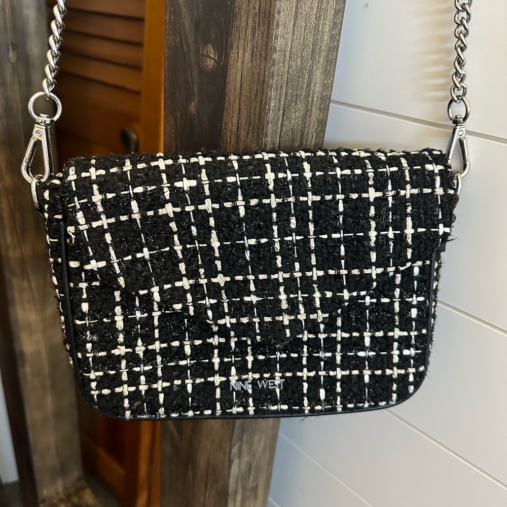 Nine West tweed crossbody bag black cream chain strap shoulder purse classic